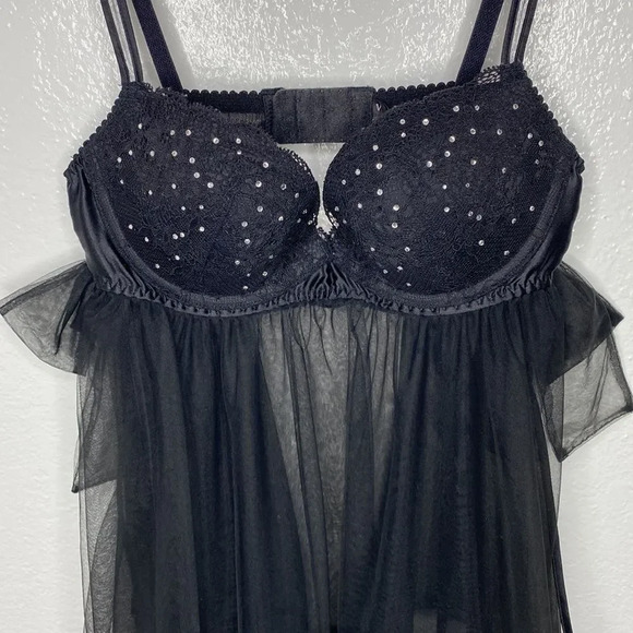 Victoria’s Secret Black Chiffon Babydoll Slip W/ Rhinestone Embellished … - Picture 2 of 11